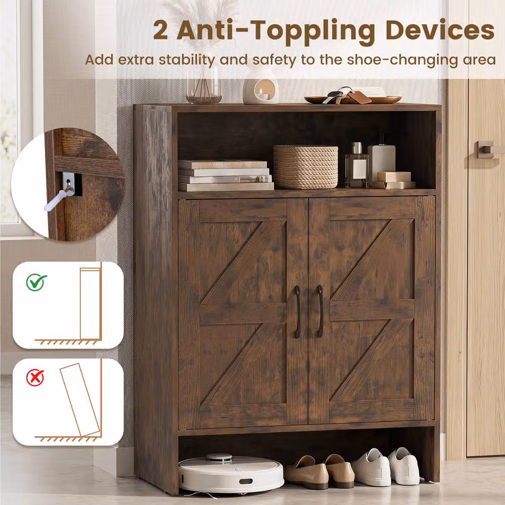 Costway Brown Rustic Wood Shoe Cabinet with 2 Barn Doors and Internal Shelves – 3