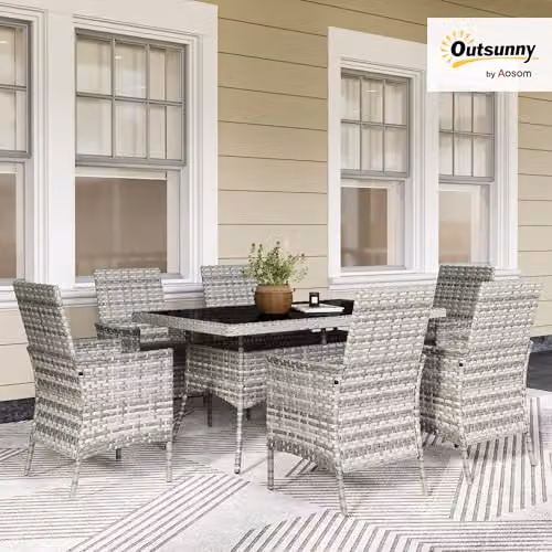 Outsunny 6 Seater Rattan Garden Furniture Set in Grey with Glass Top Rectangular Table – 2