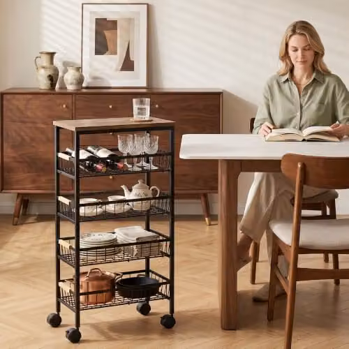 HOMCOM 4-Tier Metal and MDF Storage Trolley with Pull-Out Baskets in Rustic Brown, H 81.5 x W 40.0 x D 24.0 cm – 8