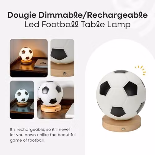ValueLights Football Night Light, Warm White Dimmable LED Rechargeable Table Lamp in White and Wood Finish – 2
