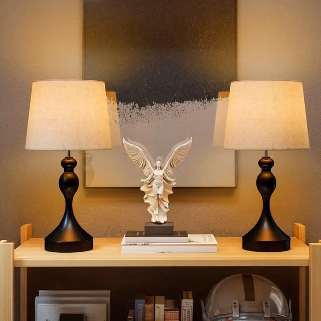 HOMCOM Set of 2 Modern Black Bedside Table Lamps with USB Ports and LED Lighting