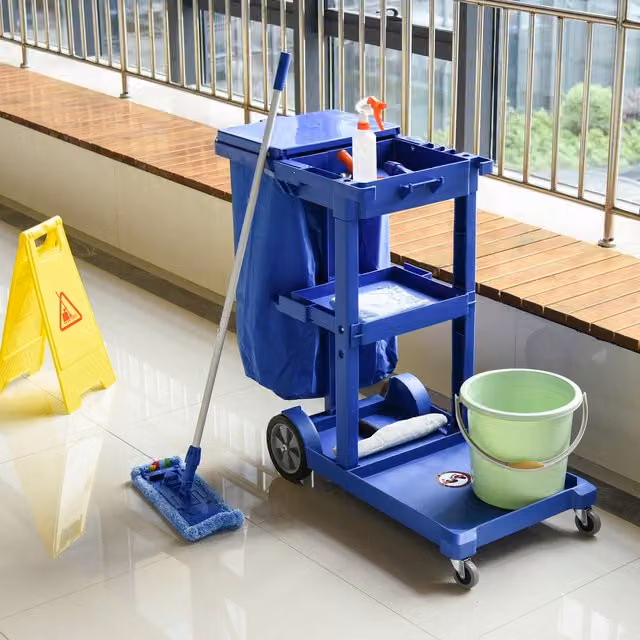 HOMCOM Cleaning Cart Housekeeping Trolley with 3 Tier Shelves in Blue