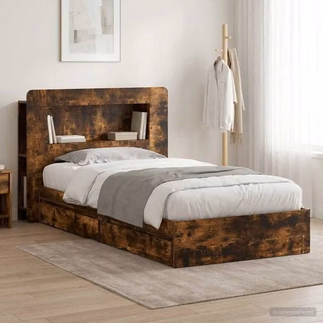 Berkfield Home Modern Bed Frame with Storage Drawers in Smoked Oak Brown, W: 75 cm x L: 190 cm