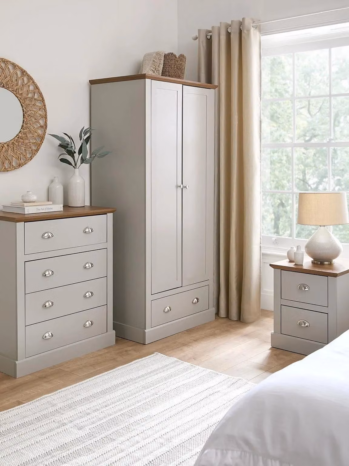 Crawford 3 Piece Grey Oak Bedroom Set Including 2 Door Wardrobe, 4 Drawer Chest and Nightstand