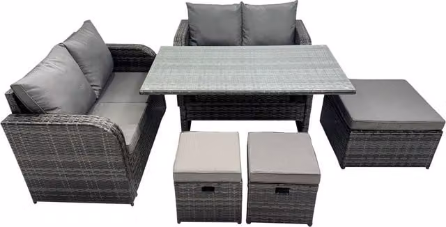 Fimous 7-Seater PE Rattan Garden Sofa and Dining Set with Rectangular Glass Table and 3 Stools in Dark Grey Mixed