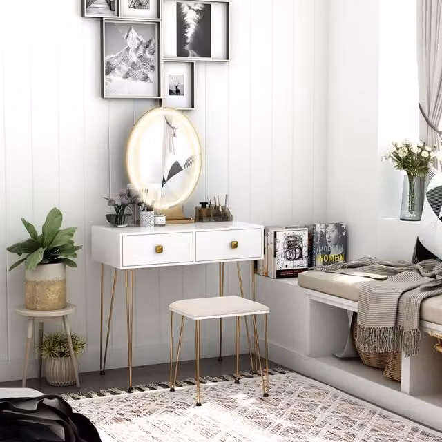 HOMCOM Hollywood LED Dressing Table Set with 2 Drawers in White and Gold