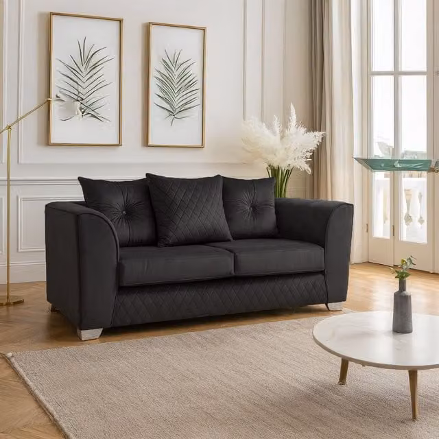 Furnishings For Less UK Victoria 2 Seater Sofa in Black Soft Plush Velvet Fabric with Scatter Back