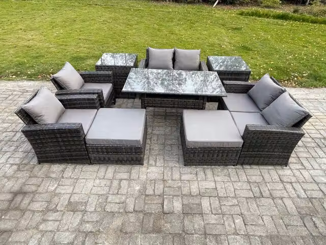 Fimous 9 Piece Rattan Garden Furniture Set with 2 Footstools and 2 Side Tables in Dark Grey Mixed
