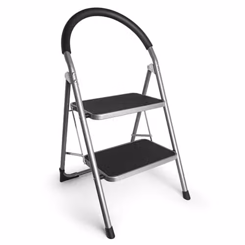VonHaus 2 Step Steel Ladder in Grey with Anti-Slip Rubber Feet and 150kg Capacity