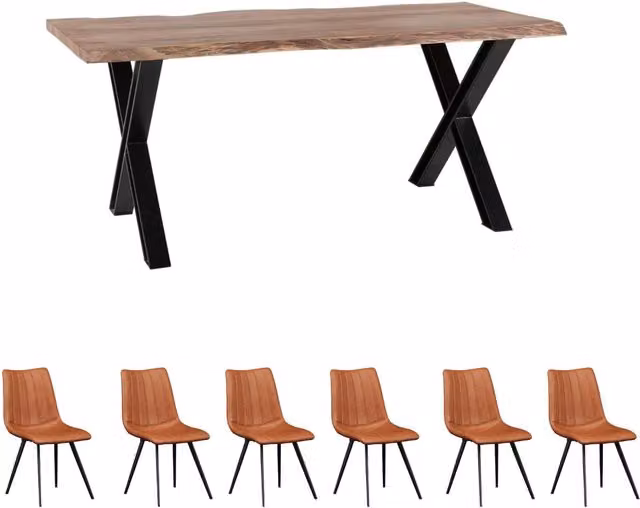 IH Design Live Edge Acacia Wood and Metal Rectangular Dining Table Set with 6 Grey Chairs in Light Wood and Brown