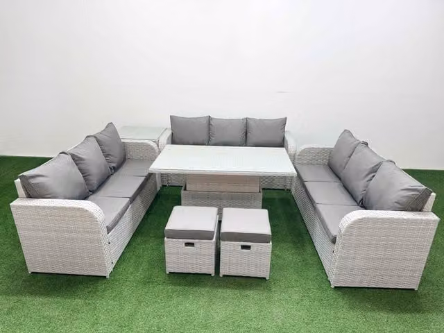 Fimous 11 Seater PE Rattan Outdoor Garden Furniture Set in Grey with 3 Seater Sofa, 2 Stools, and Adjustable Lifting Dining or Coffee Table
