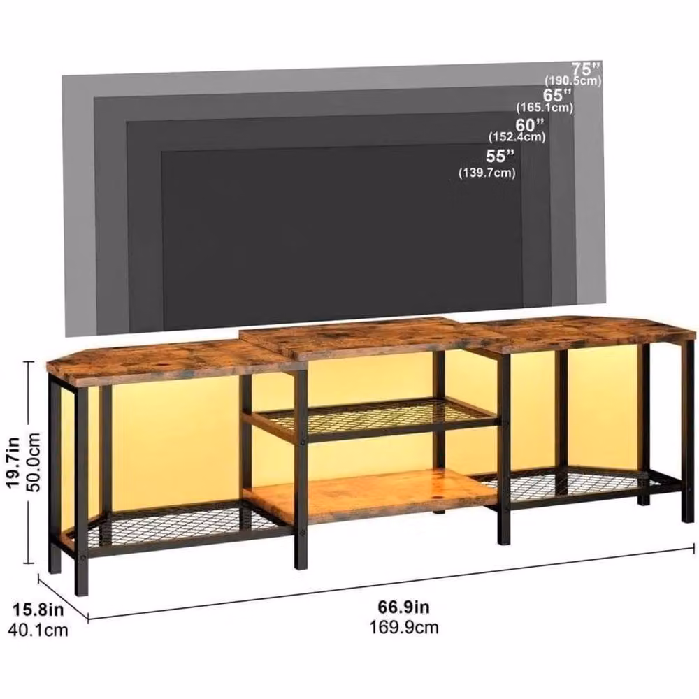 VOGREX Brown Industrial Wood TV Stand with Integrated LED Lights and Charging Station for up to 75 Inch TVs – 2