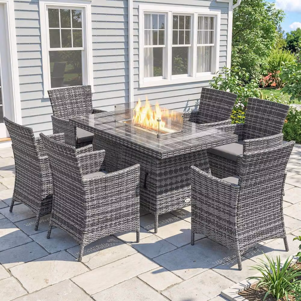 OUTSUNNY Grey Rattan Dining Set with Fire Pit Table and Armchairs – 2