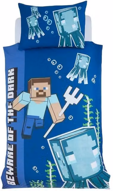Minecraft Beware Of The Dark Reversible Single Duvet Cover and Pillowcase Set, Multicolour and Blue, W/D/H: 90 x 200 cm – 1