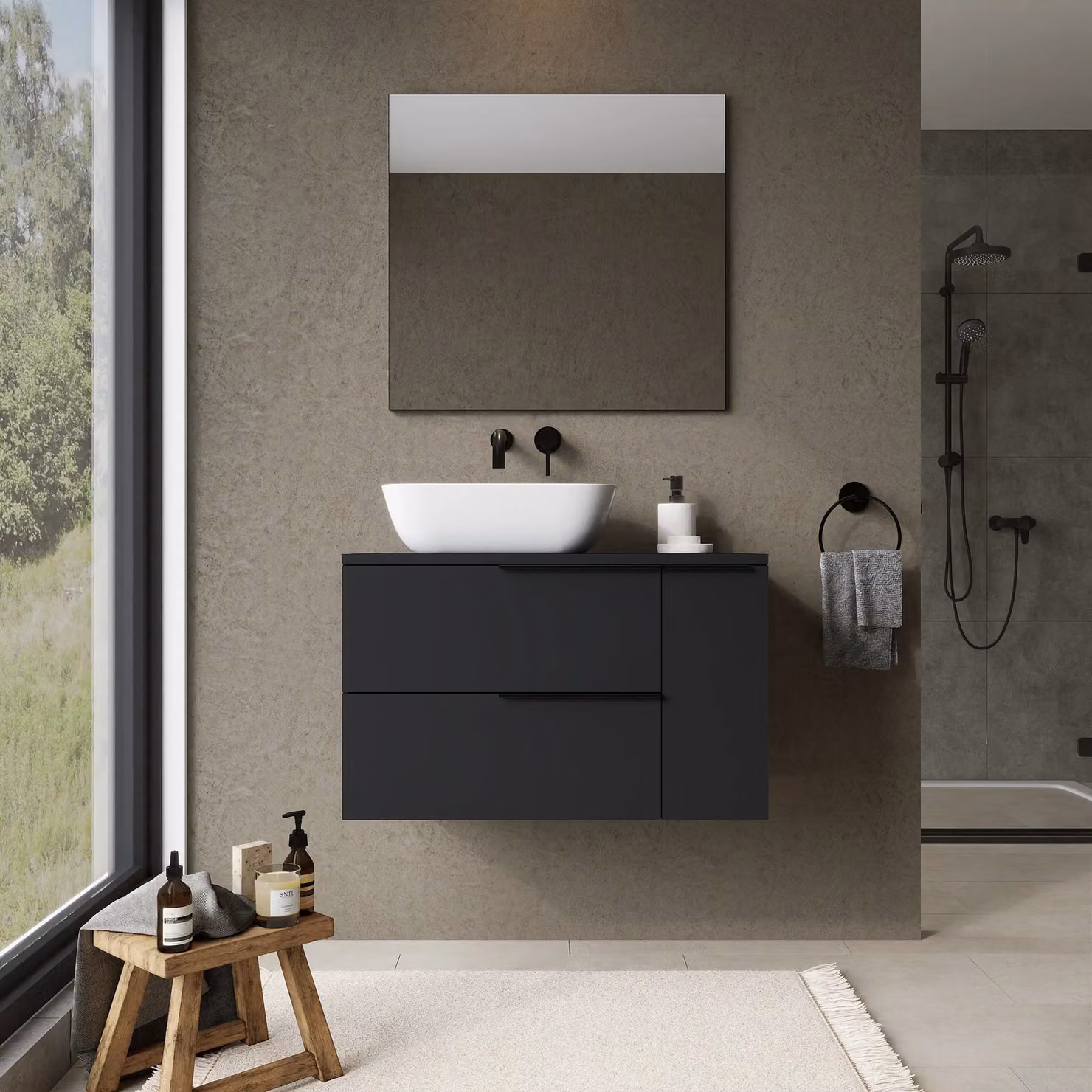 Banyetti Celtic Duo 800mm Wall Hung Vanity Unit with Door and Oak Worktop in Matt Black, W: 80 cm, D: 45 cm, H: 48 cm – 3
