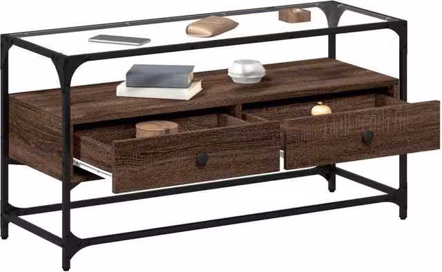 Berkfield Home Brown Oak TV Cabinet with Glass Top and MDF, W/D/H: 98 x 35 x 51 cm – 1