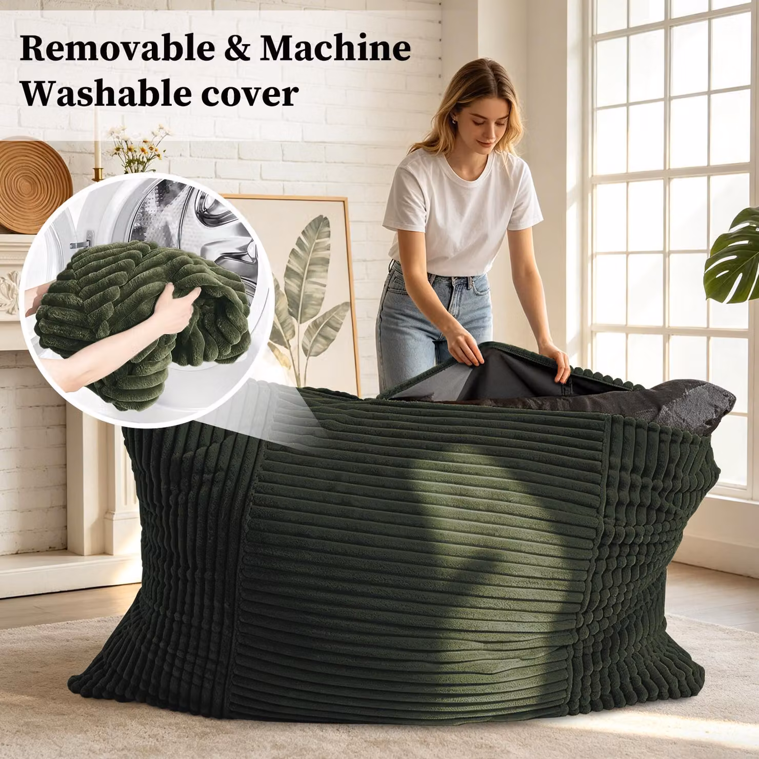 Aosom UK Convertible Memory Foam Bean Bag Chair and Lounger, Green, W: 125 cm, L: 180 cm – 3