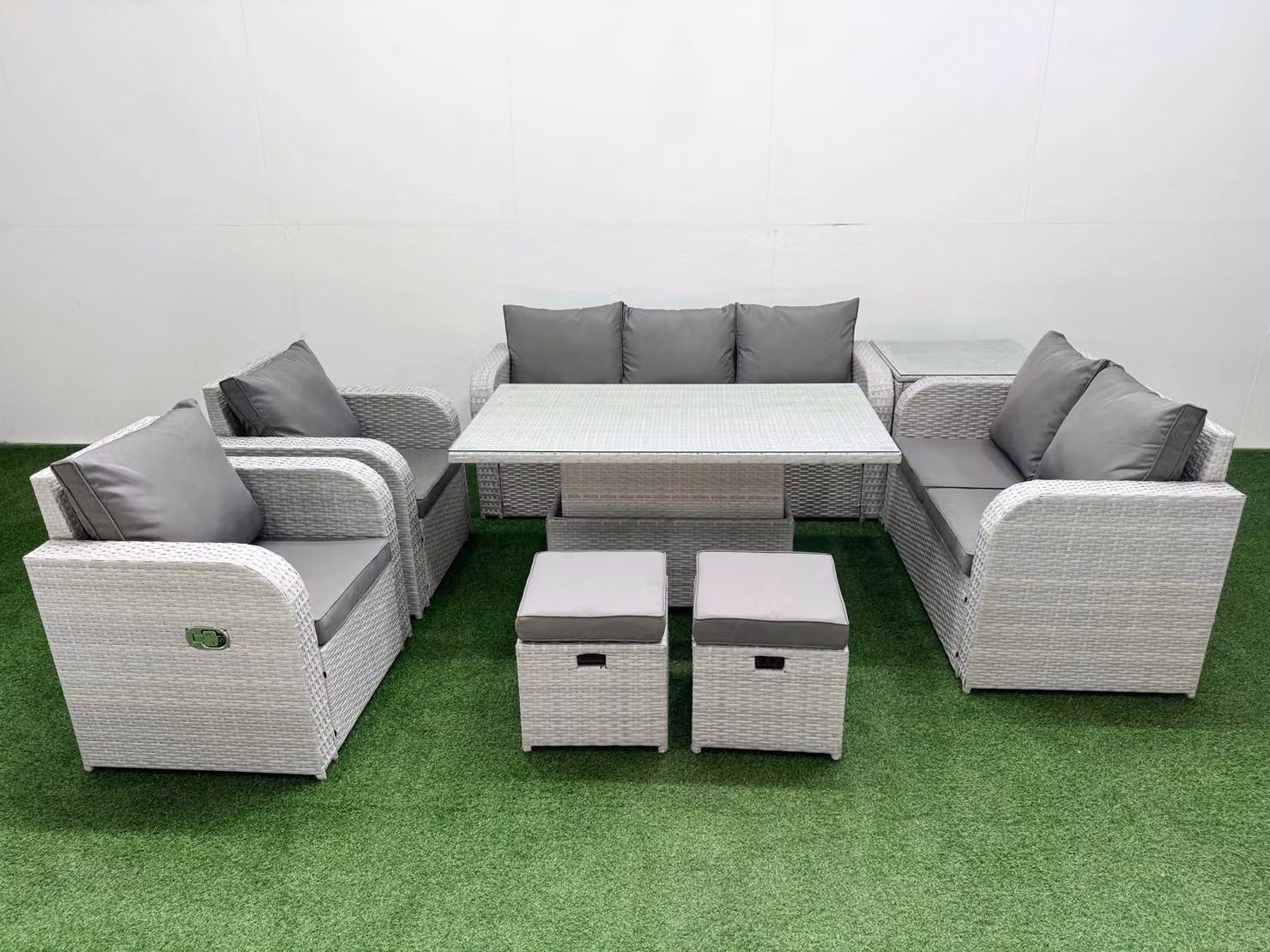 Fimous Grey PE Rattan Garden Furniture Set with Reclining Chairs, 2 Seater Sofa, Ottoman and Coffee Table – 2