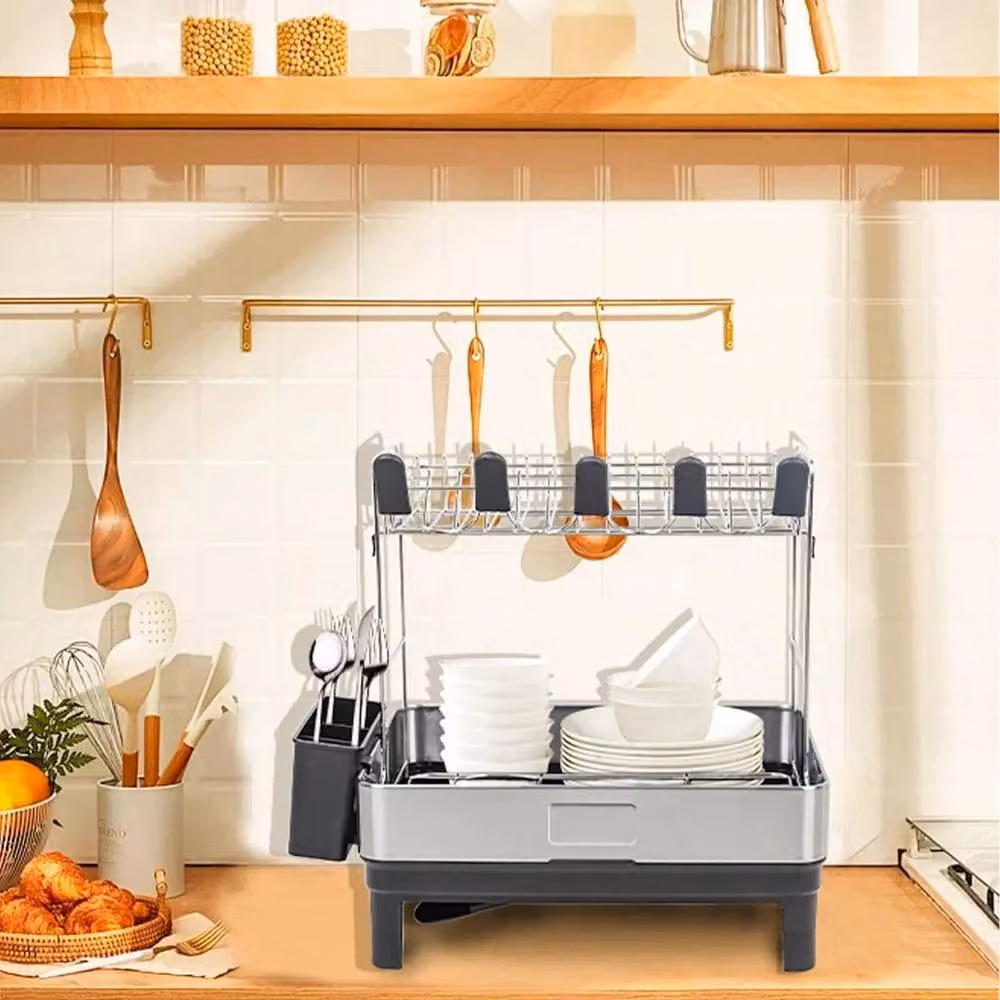 Kelvenix 2-Tier Stainless Steel Dish Drying Rack with Drip Tray and Cutlery Holder in Silver, W/D/H: 43.0 x 32.5 x 15.0 cm – 3