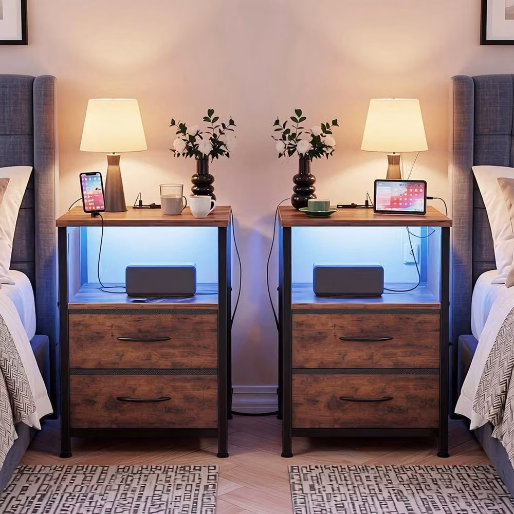 KORVIXA Brown 2 Drawer Bedside Table Storage Cabinet – 2