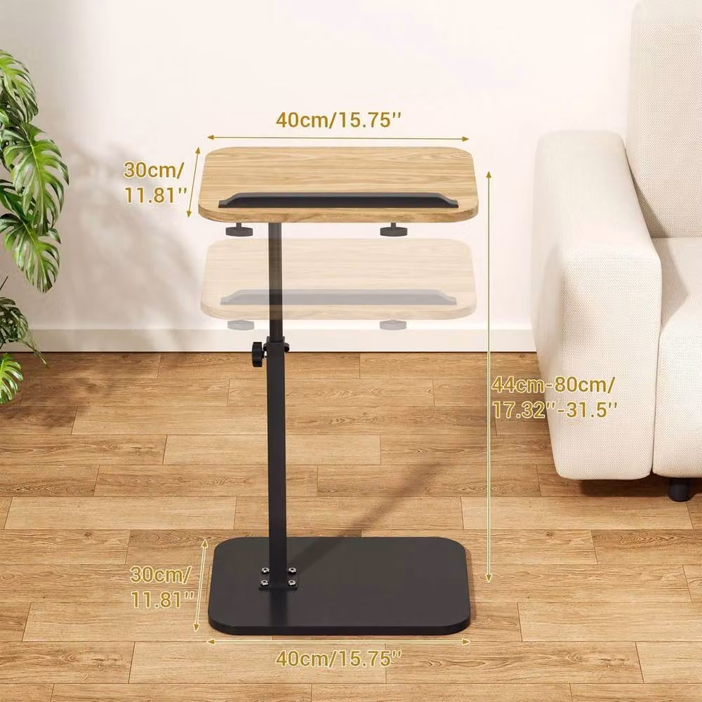 FLAVORA Brown Natural Wood C Shaped Side Table with 360 Degree Swivel and Height Adjustable Tilting Top – 2