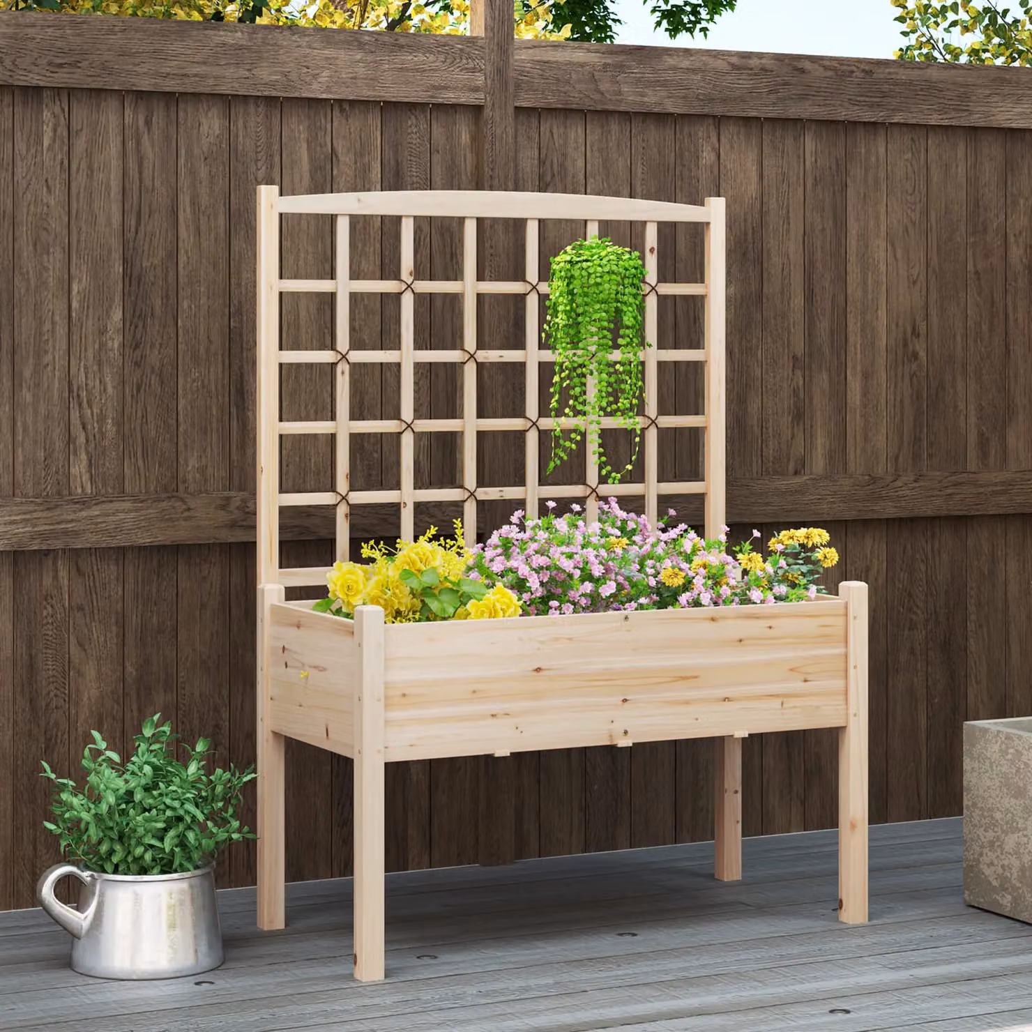 Costway Wooden Raised Garden Bed with Lattice Trellis and Drainage Holes in Sand – 6