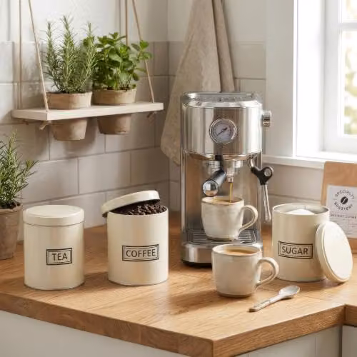 Harbour Housewares 3pc Metal Tea Coffee Sugar Canister Set with Airtight Lids in Beige, Black or White – 2