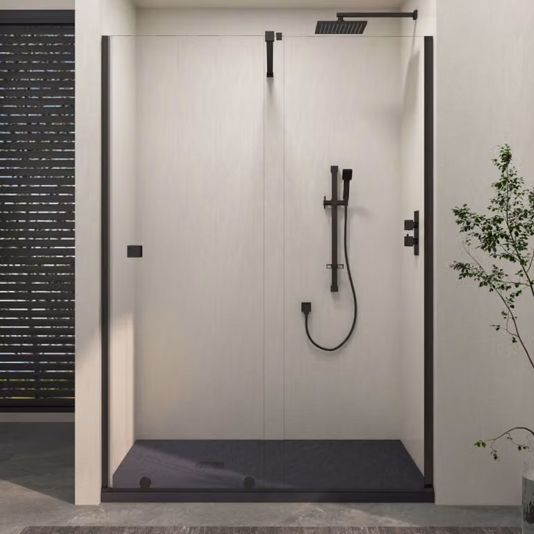 Royal Bathrooms Luton Recessed Sliding Shower Screen with Grey Slate Effect Stone Shower Tray, Matt Black, W: 120 cm, D: 90 cm, H: 195 cm