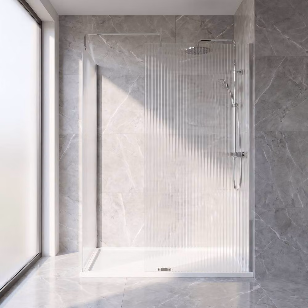 Balterley Fluted Walk-In Wetroom Bundle with Rectangular Tray and Fixed Glass in Silver and Chrome, W: 140 cm, D: 80 cm – 2