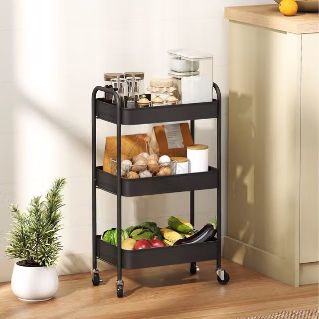 HOMCOM 3 Tier Rolling Utility Cart with 3 Mesh Baskets in Black Metal
