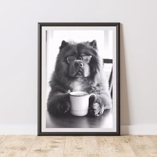 60 Second Makeover Funny Chow Chow Drinking Coffee Paper Poster, A3, Multicolour and Grey