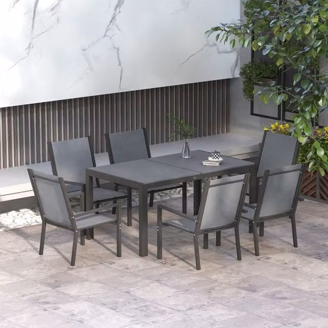 Outsunny 7 Piece Modern Garden Dining Set with Rectangular Table and 6 Stackable Chairs in Grey