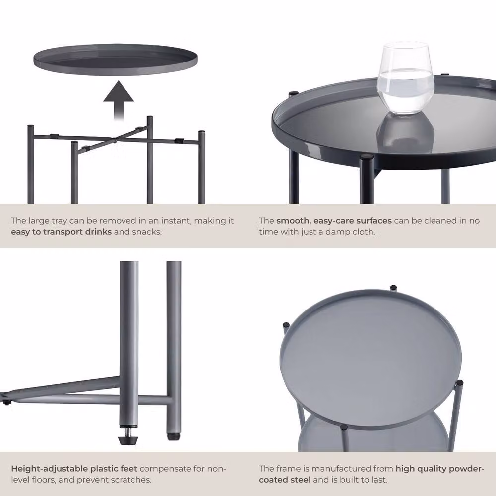 tectake Round Side Table in Minimalist Design with Height-Adjustable Feet, Grey, W/D/H: 45.5 x 45.5 x 53 cm – 5