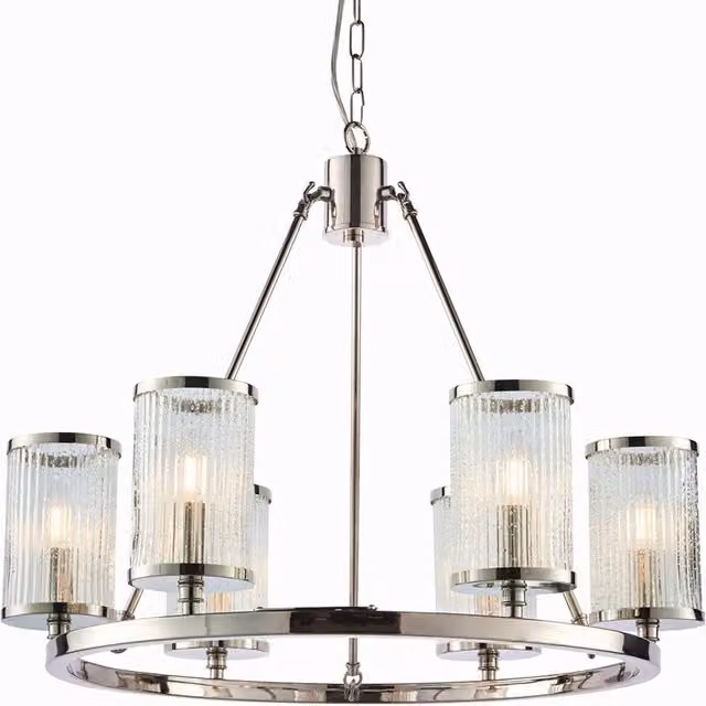 Loops 6 Light Chandelier Pendant with Silver Nickel Finish and Transparent Ribbed Glass Shades – 1