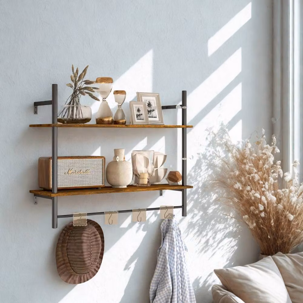FURNOS 2 Tier Wall Mounted Floating Shelf with Hanging Rail and Hooks, Brown, W: 65 cm, H: 24 cm, D: 8 cm – 3