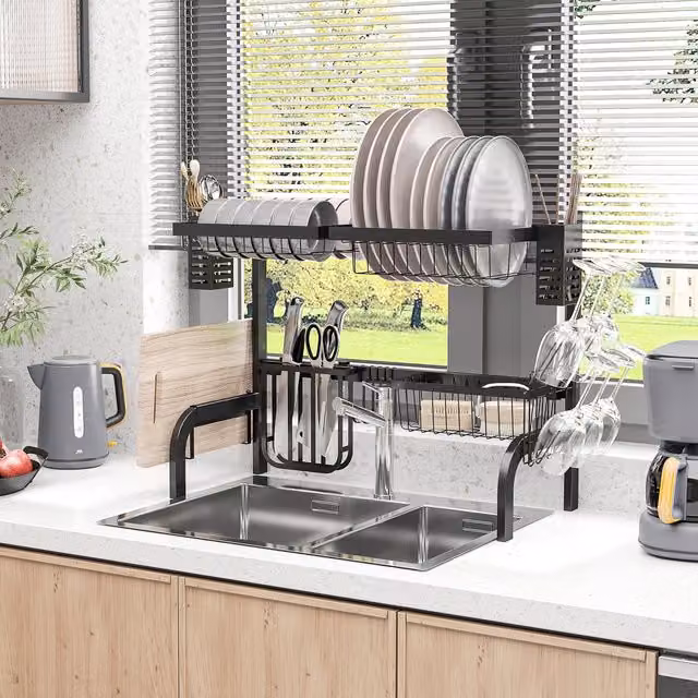 HOMCOM 2 Tier Over The Sink Dish Drainer Rack, Black, W: 65 cm, D: 31.5 cm