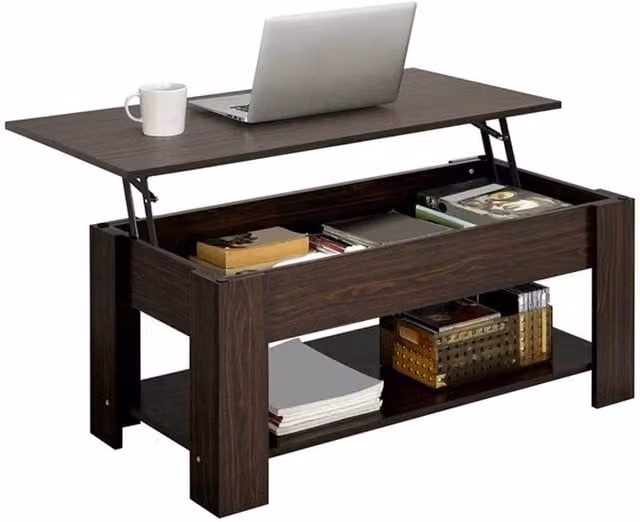 KORVIXA Modern Brown Wood and Metal Lift Top Coffee Table – 1