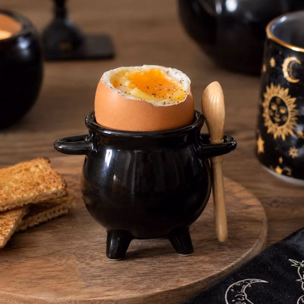 Marco Paul Black Cauldron Egg Cup with Broom Spoon in Bone China and Ceramic, 100g – 2