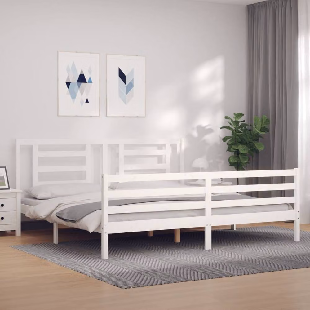 Berkfield Home Super King Size Solid Pine Wood Bed Frame with Headboard in White – 2