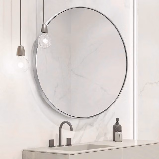 Livingandhome Minimalist Round Metal Framed Wall Mirror in Silver, Diameter: 50 cm
