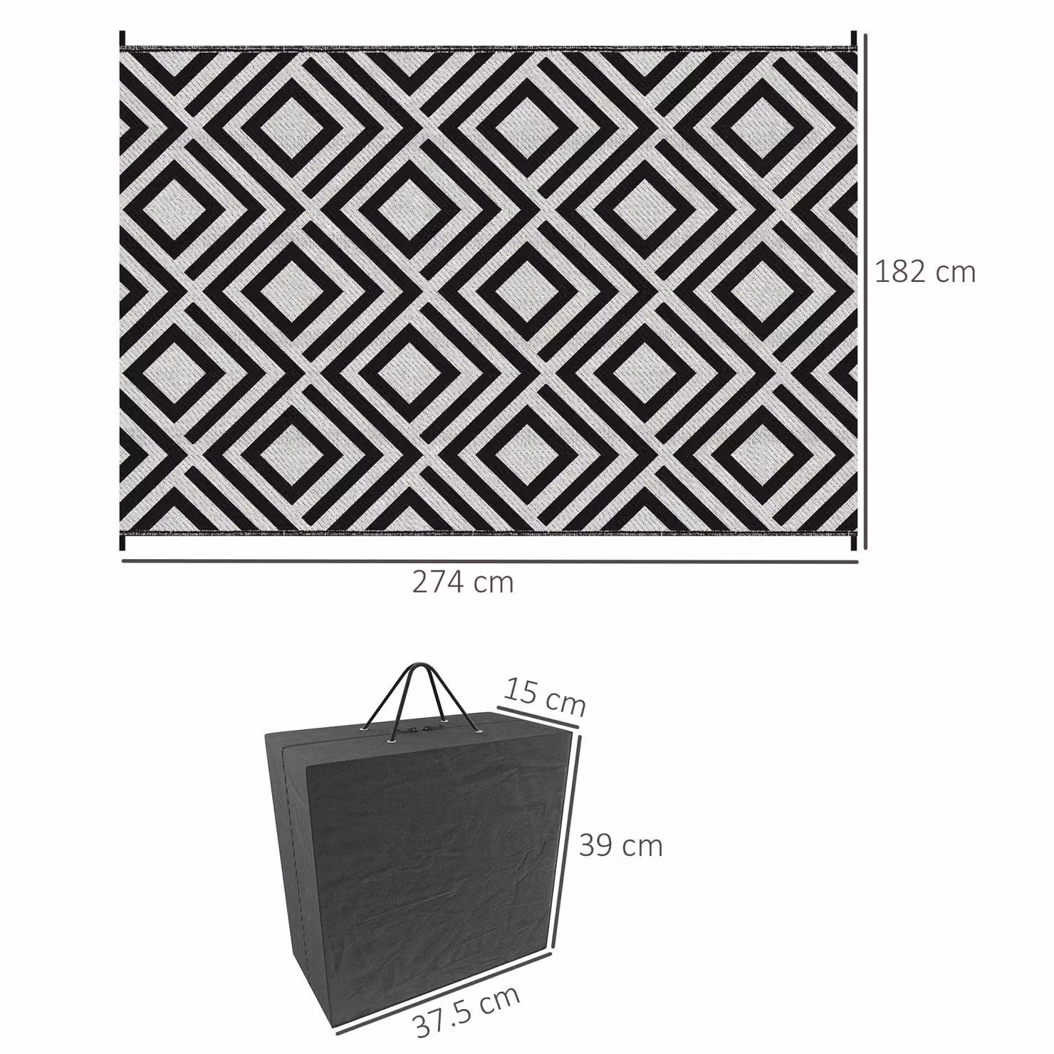 Outsunny Reversible Outdoor Plastic Straw Mat in Black and White Rhombus, W/D/H: 182 x 274 cm – 3