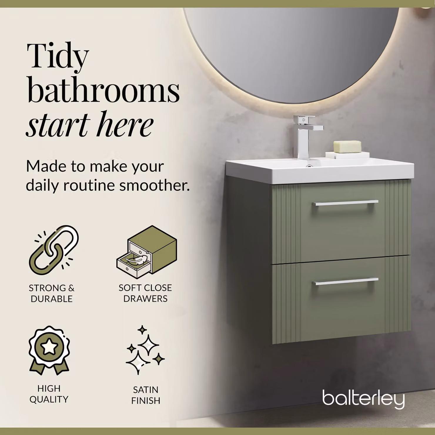 Balterley Wall Hung 2 Drawer Vanity Unit with Thin-Edge Basin, Satin Green, W: 50 cm, D: 55 cm, H: 50 cm – 2