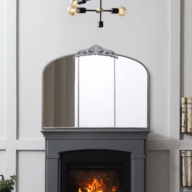 MirrorOutlet Crown Overmantle Classic Arched Wall Mirror with Metal Frame in Silver