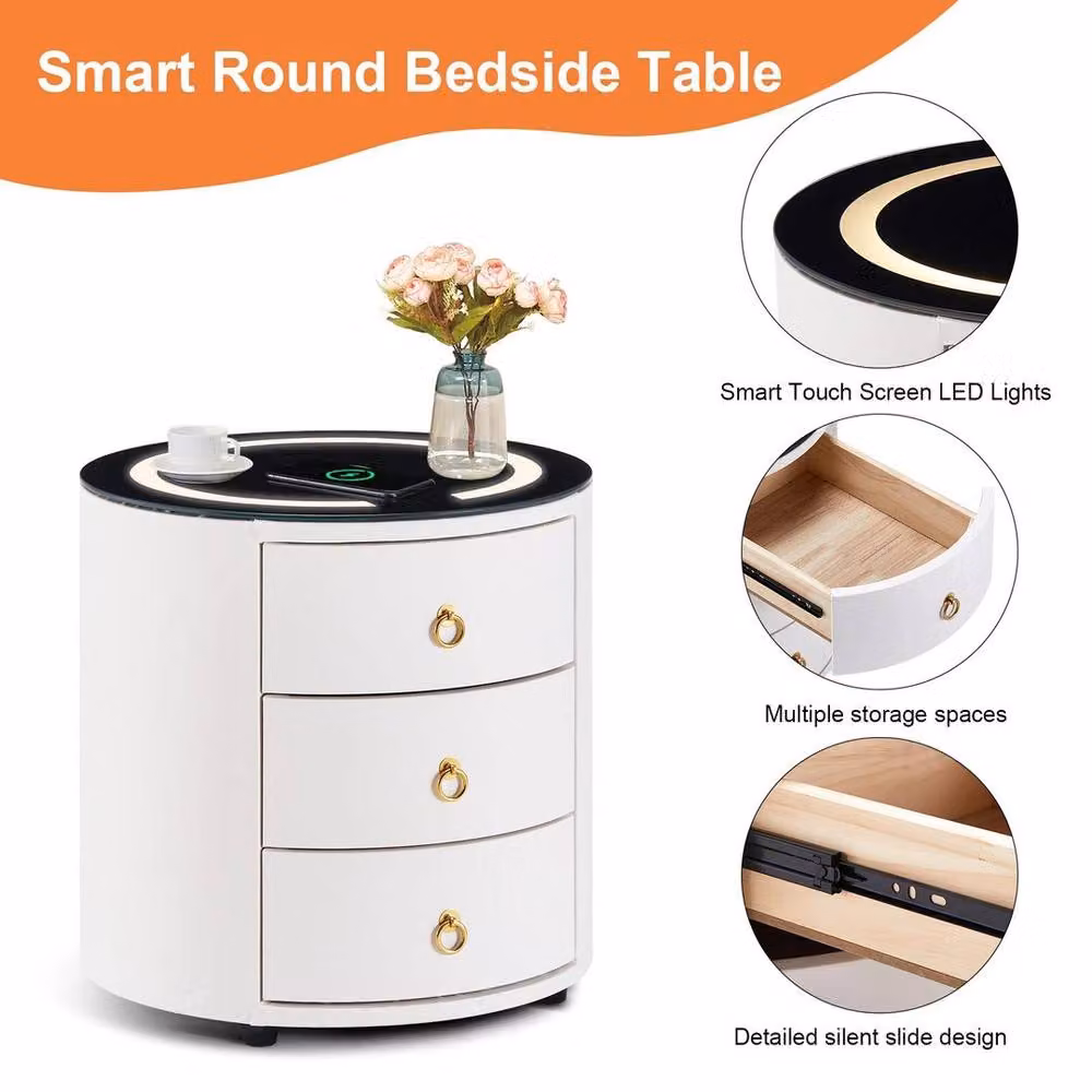 FLAVORA White 3 Drawer LED Bedside Table with Wireless Charging and Integrated Lighting – 3