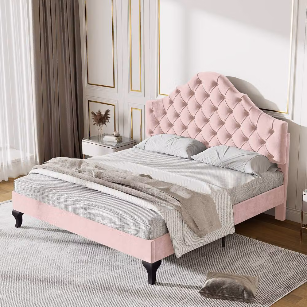 ModernLuxe Pink Velvet Upholstered Double Bed with Adjustable Headboard and Slatted Frame, W/D/H: 141 x 193 x 118 cm – 2