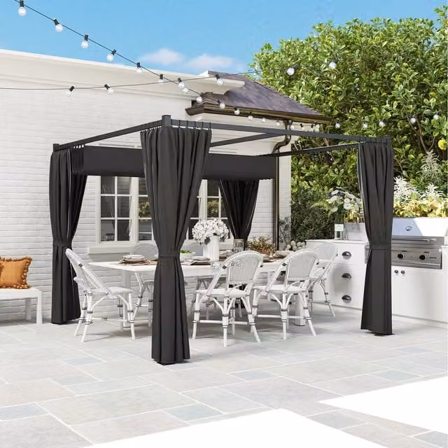 Outsunny Retractable Pergola Canopy with Curtains in Grey