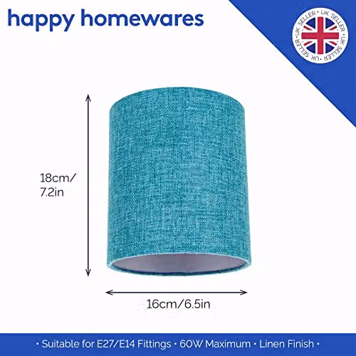 Happy Homewares Modern Teal Linen Fabric Cylindrical Lampshade with Silver Lining, Width: 16 cm – 3