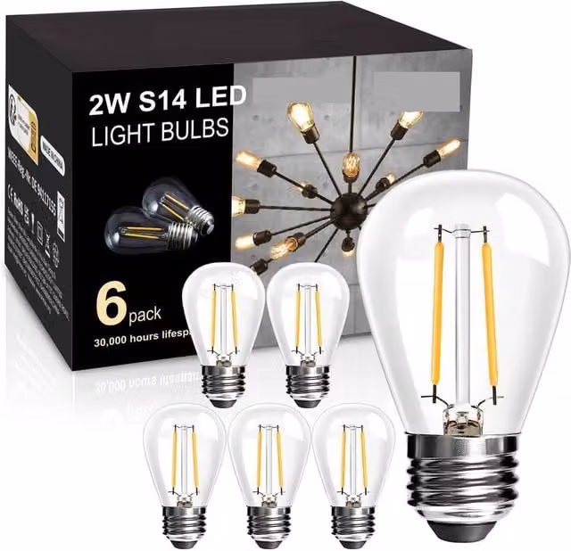VOGREX 6 Pack Warm White LED Replacement Bulbs for Festoon String Lights, E27 Base, Transparent Glass