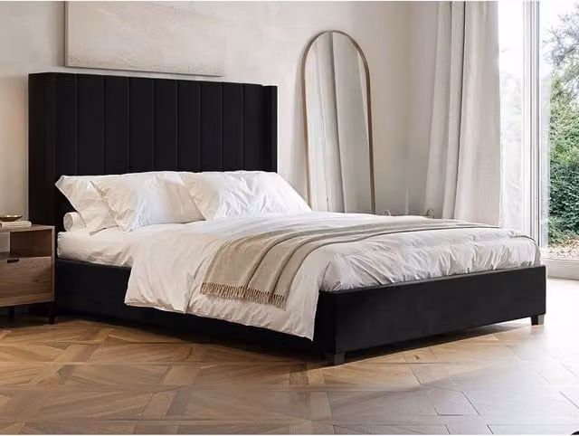 Flair Tiggy Black Velvet Upholstered Ottoman Bed with Lift Up Base, W/D/H: 140 x 200 cm