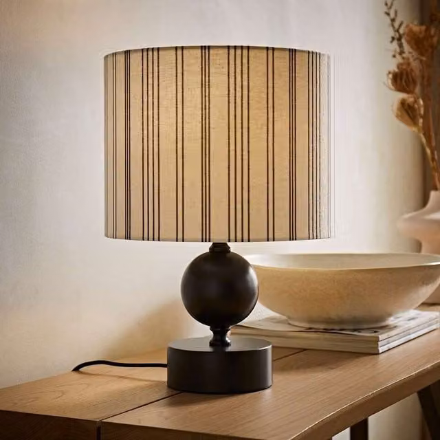 Anthony Candlestick Table Lamp with Fabric Stripe Shade in White and Beige